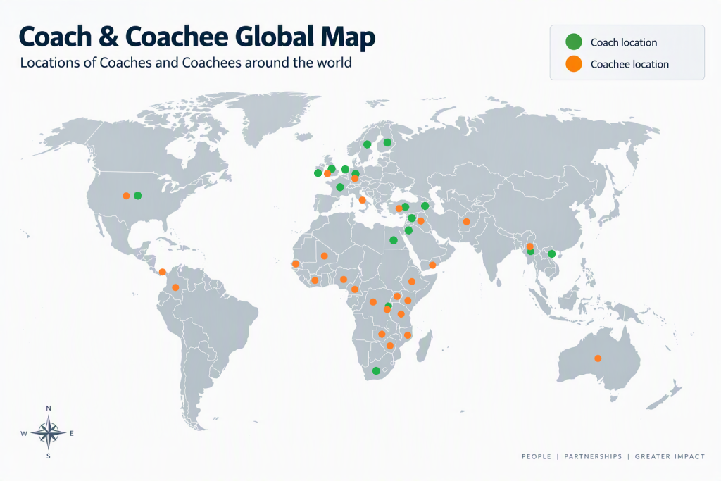A world map illustrating the global distribution of coaching and mentoring participants, with coaches marked in green and coachees in orange.