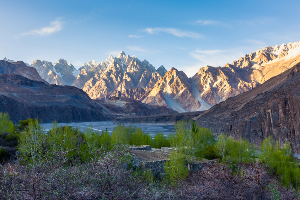 View of mountain range and river in Pakistan