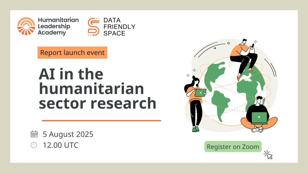 Event flyer for an AI in the humanitarian sector research report launch, with illustrated people using laptops around a globe. Event is on 5 August 2025 at 12:00 UTC. Includes “Register on Zoom” button.
