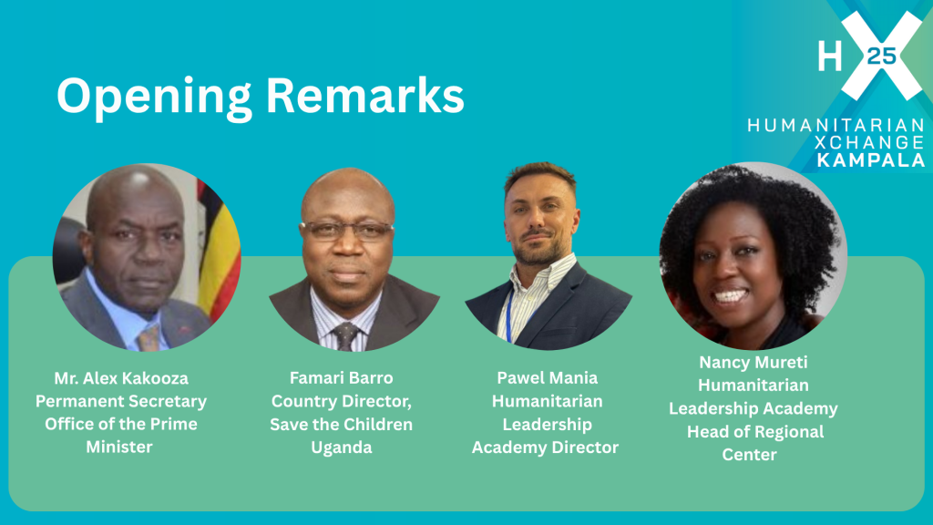 A teal event slide titled Opening Remarks features headshots of four speakers: Alex Kakooza, Famari Barro, Pawel Mania, and Nancy Mureti, with their names, titles, and organizations. Download the agenda: HX Kampala 26th - 27th June 2025.