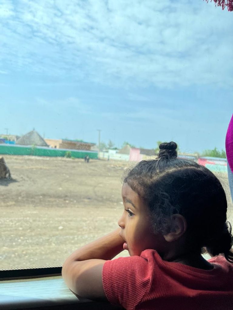 A young child with curly hair tied in a small bun, wearing a red shirt, leans on a window and looks outside at a dry, open landscape with scattered houses under a blue sky.
