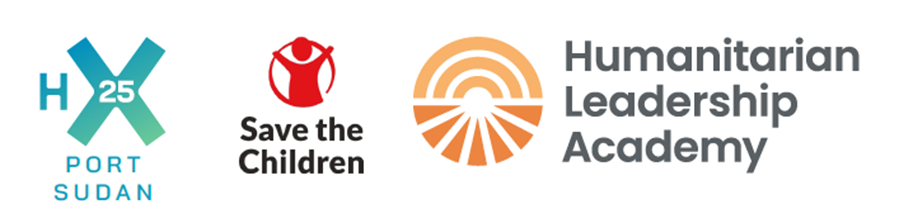 Logos from left to right: H25 Port Sudan, Save the Children (red logo with child icon), and Humanitarian Leadership Academy (orange sunrise graphic and text).