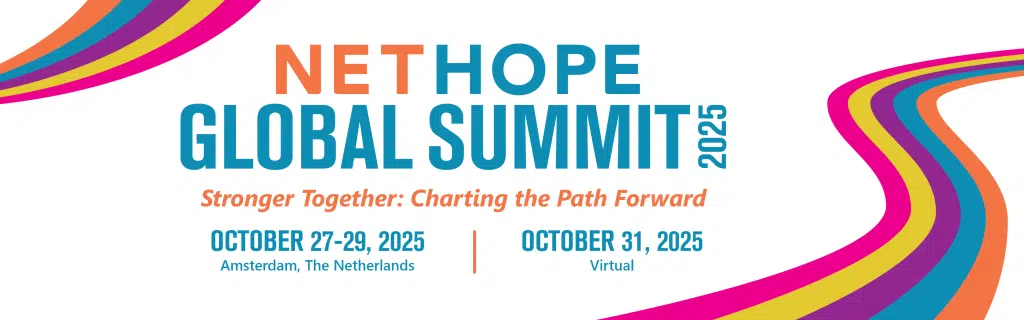 Banner for the NET HOPE Global Summit 2025 with colorful curved lines. Event theme: Stronger Together: Charting the Path Forward. Dates are October 27-29 in Amsterdam and October 31 virtually.