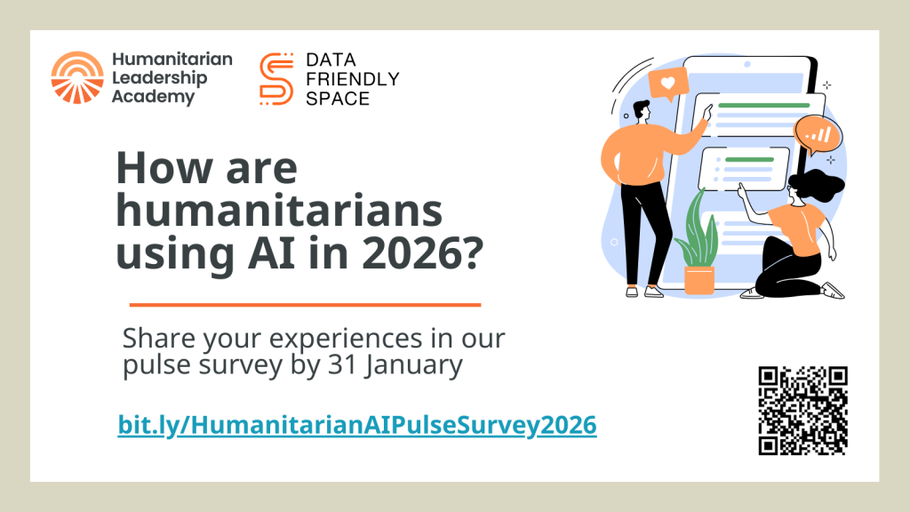A promotional banner asks, How are humanitarians using AI in 2026? and invites people to share experiences in a survey by January 31. Logos, a QR code, and an illustration of two people with digital devices are shown.