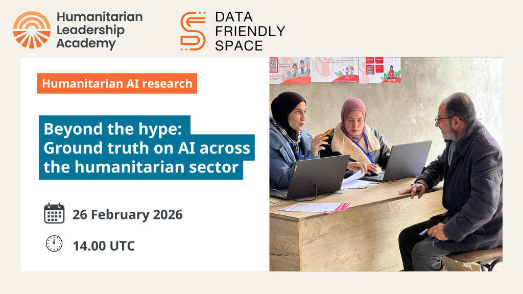 Three people sit at a table with laptops and papers, discussing work. Event details, including the title “Beyond the hype: Ground truth on AI across the humanitarian sector,” and date “26 February 2026,” are displayed on the left.
