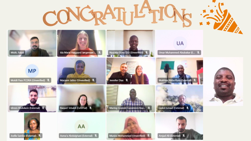 A screenshot of a virtual meeting with 17 participants, all smiling. CONGRATULATIONS is written at the top with a party popper graphic on a cream background. Some participants cameras are off, showing initials instead.