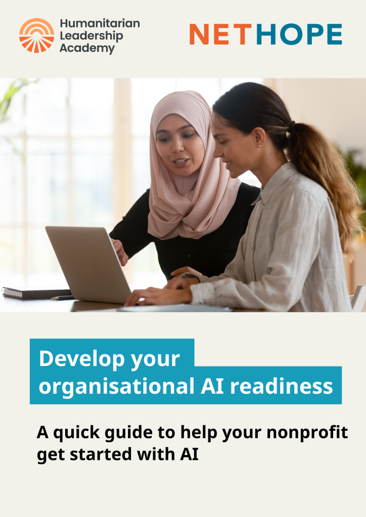 Two women sitting at a table, one wearing a hijab, both looking at a laptop together. Above them are logos for Humanitarian Leadership Academy and NETHOPE, with text promoting AI readiness for nonprofits.