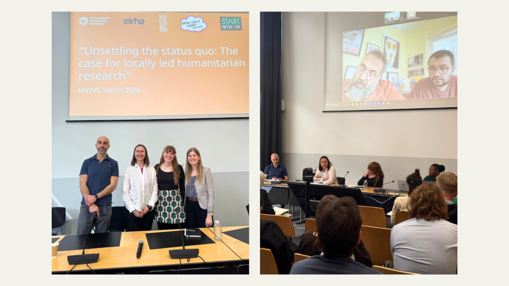 Split image: Left, four people stand in front of a screen displaying “Unsettling the status quo: The case for locally led humanitarian research.” Right, two sit at a panel with a video call projected and audience members listening.