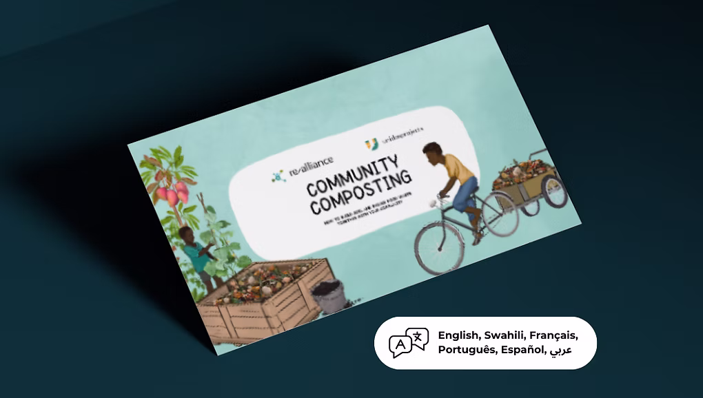 An illustrated flyer for Community Composting shows a person pushing a wheelbarrow of compost and another riding a bicycle pulling a cart of compost. A language selection icon is at the bottom, listing six languages.
