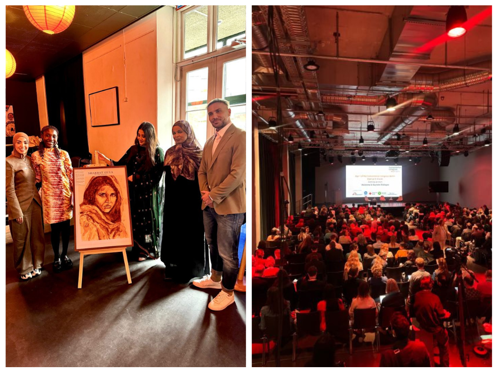 Split image: Left shows five people standing beside framed art of a woman; right shows an audience in a theater, facing a presentation—capturing the spirit of April notes from the HLA Director.
