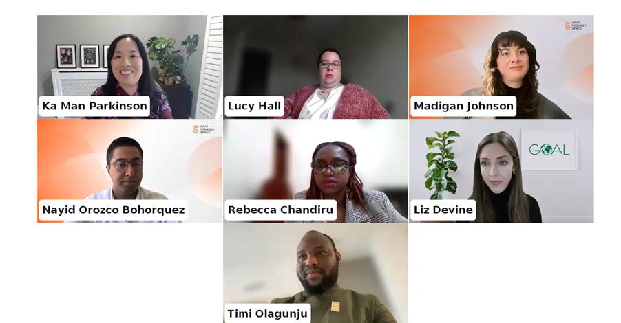 A virtual meeting with seven participants, each in their own video frame. Their names are displayed: Ka Man Parkinson, Lucy Hall, Madigan Johnson, Nayid Orozco Bohorquez, Rebecca Chandiru, Liz Devine, and Timi Olagunju.