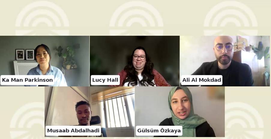 A virtual meeting with five participants, each in their own video frame, labeled as Ka Man Parkinson, Lucy Hall, Ali Al Mokdad, Musaab Abdalhadi, and Gülsüm Özkaya, with neutral backgrounds.