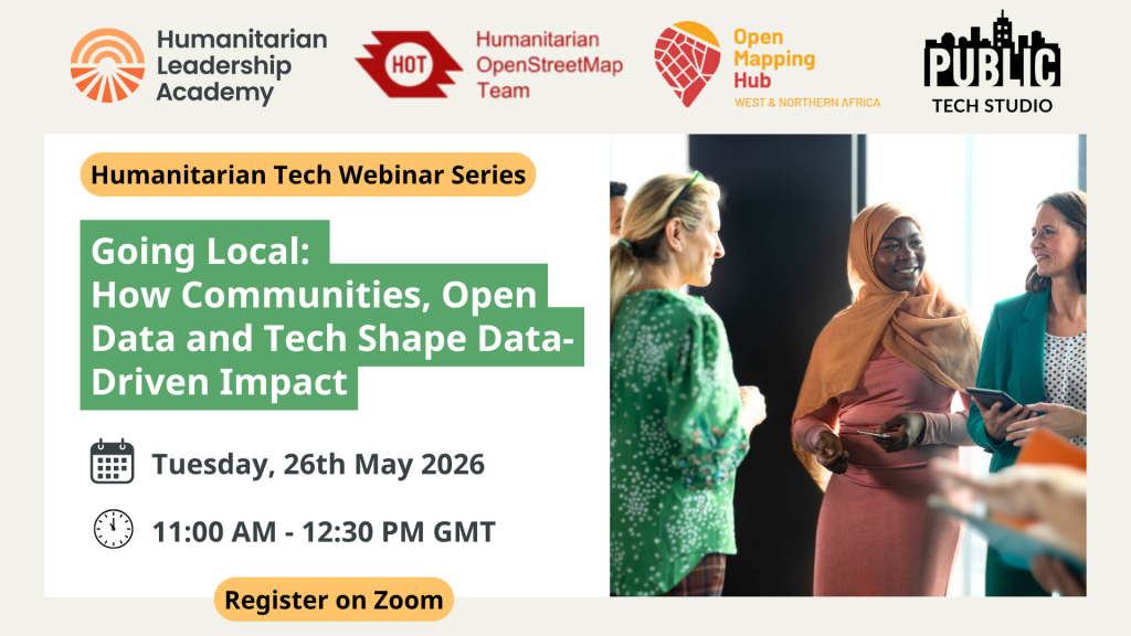 A promotional graphic for a webinar titled “Going Local: How Communities, Open Data and Tech Shape Data-Driven Impact,” held on 26 May 2026, from 11:00 AM–12:30 PM GMT, featuring four women conversing.