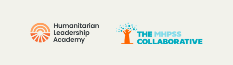 Two logos side by side. Left: Humanitarian Leadership Academy with an orange circular emblem. Right: The MHPSS Collaborative with a stylized blue and orange tree and raised hands.