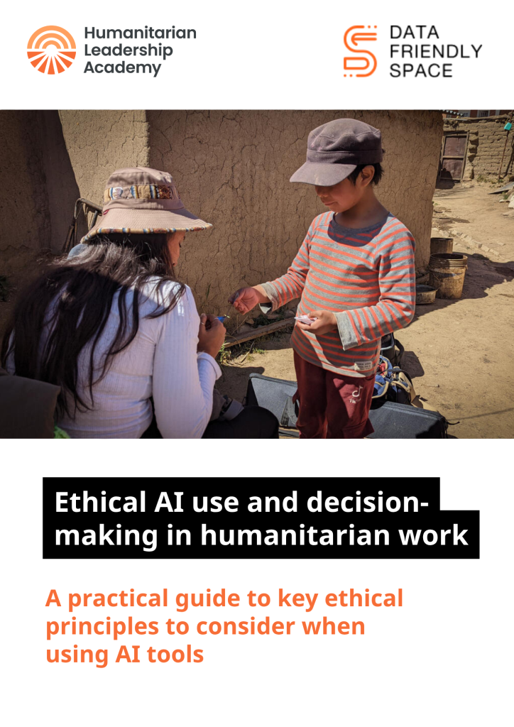 Two people interact outdoors in a rural setting; one adult sits with a notebook, while a child in a striped shirt and cap stands facing them. Logos and text discuss ethical AI use in humanitarian work.