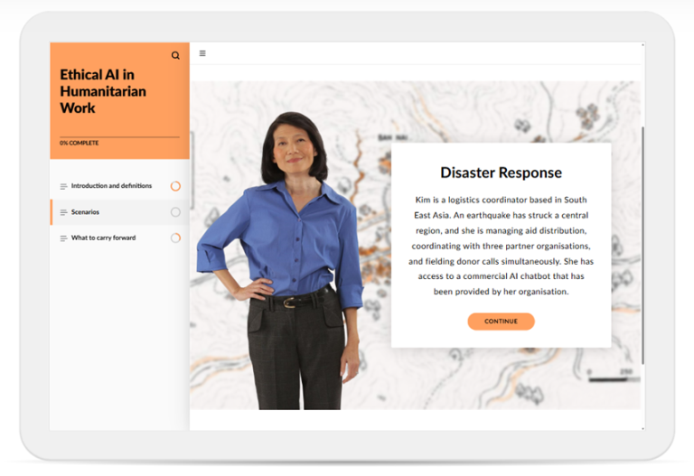 A tablet screen displays an e-learning module titled Ethical AI in Humanitarian Work. A woman stands confidently beside a popup about disaster response and logistics coordination in South East Asia.