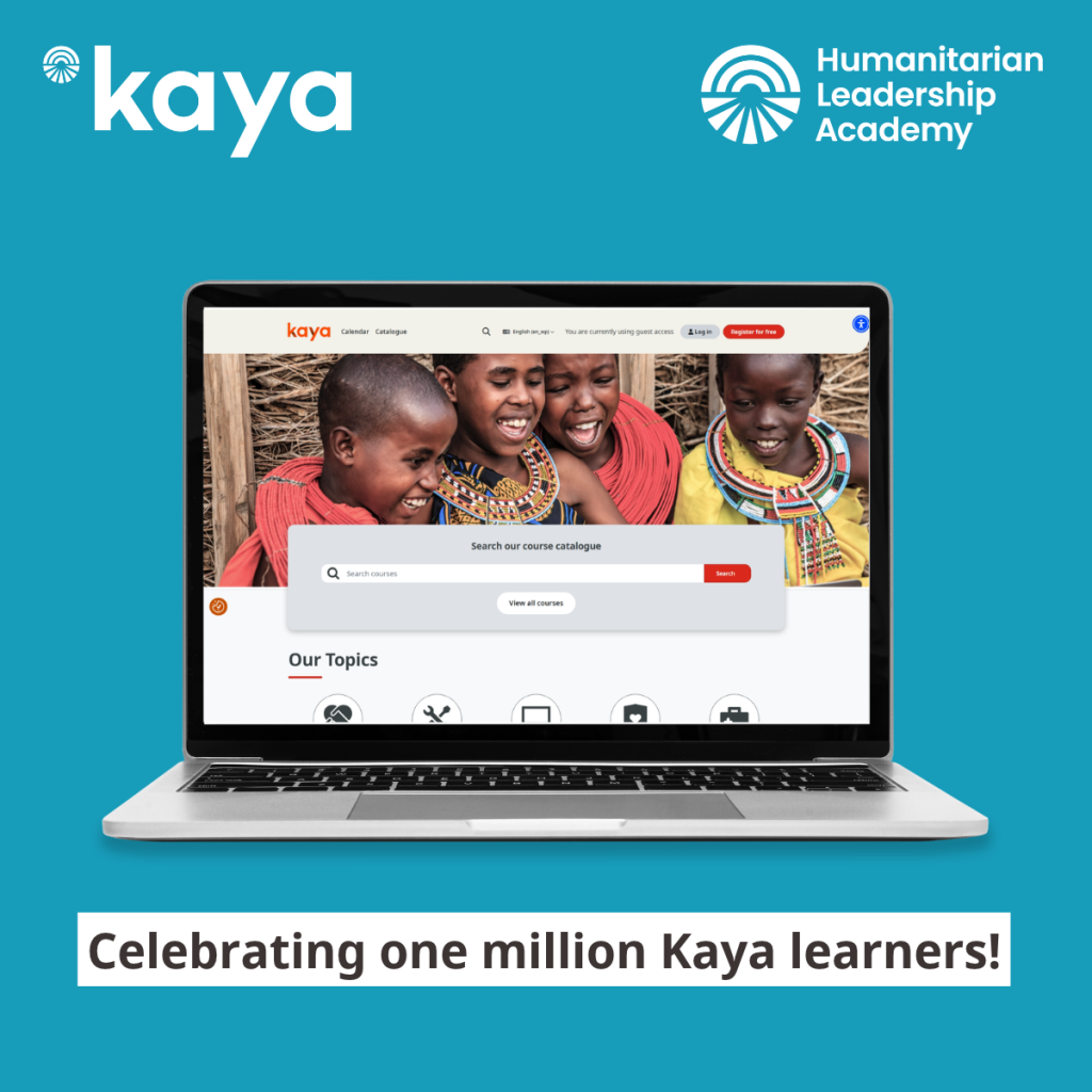 A laptop screen displays the Kaya learning platform homepage, featuring a photo of four smiling children and a search bar for the course catalogue, with the text below reading: Celebrating one million Kaya learners!.